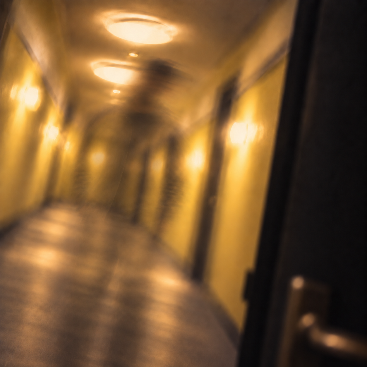 By the door cover: a fading figure in a blurred golden hallway, seen through an open door.